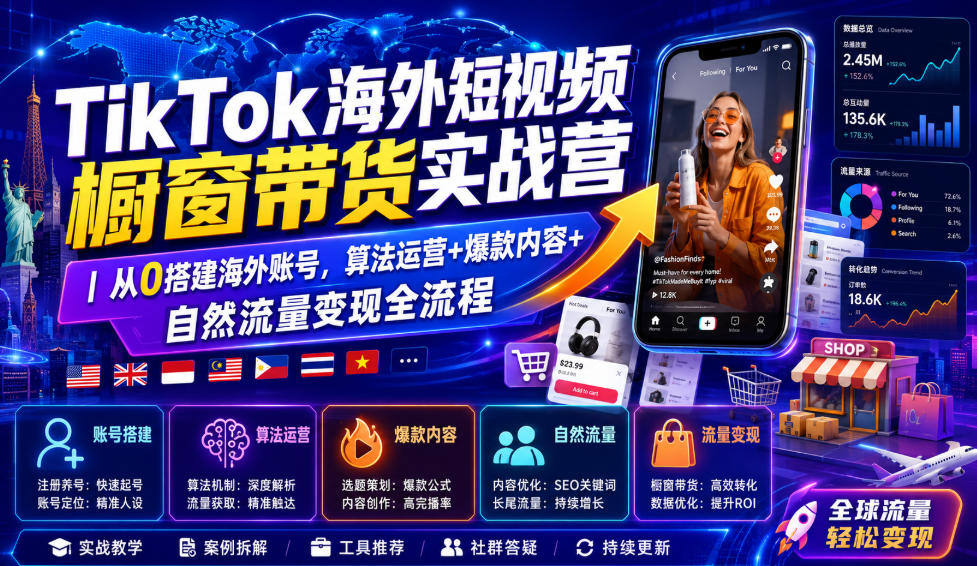 TikTok海外短视频橱窗带货实战营｜从0搭建海外账号，算法运营+爆款内容+自然流量变现全流程-优优云网创