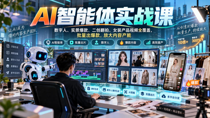 AI智能体实战课，数字人、实景爆款、二创翻拍、女装产品视频全覆盖，批量出爆款，放大内容产能-优优云网创