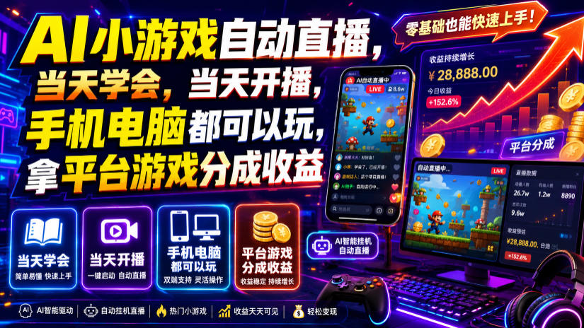 AI小游戏自动直播,当天学会,当天开播,手机电脑都可以玩,拿平台游戏分成收益-优优云网创