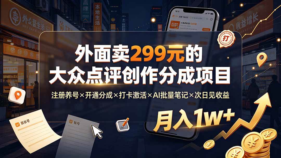 （19488期）外面卖299元的大众点评创作分成项目：注册养号×开通分成×打卡激活×AI批量笔记×次日见收益，月入1w+-优优云网创