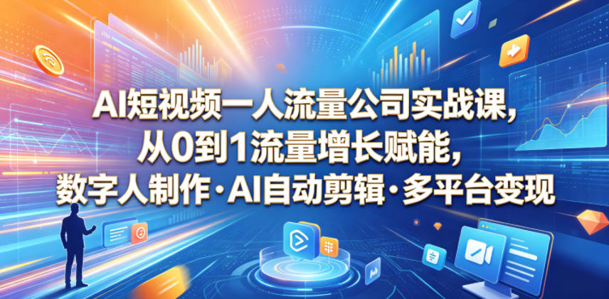 AI短视频一人流量公司实战课，从0到1流量增长赋能，数字人制作・AI自动剪辑・多平台变现，一人做流量生意全落地教程-优优云网创