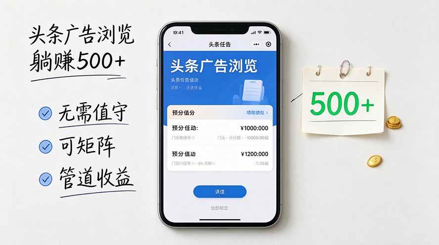（20835期）头条广告浏览躺赚500+无需值守，可矩阵并附有管道收益-优优云网创