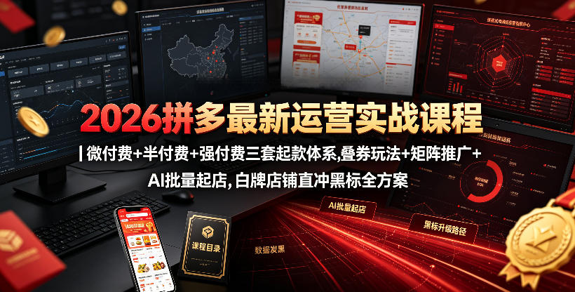 2026拼多多最新运营实战课程|微付费+半付费+强付费三套起款体系,叠券玩法+矩阵推广+AI批量起店,白牌店铺直冲黑标全方案-优优云网创