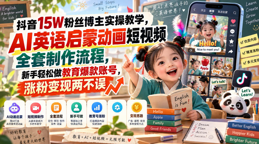 抖音15W粉丝博主实操教学，AI英语启蒙动画短视频全套制作流程，新手轻松做教育爆款账号，涨粉变现两不误-优优云网创