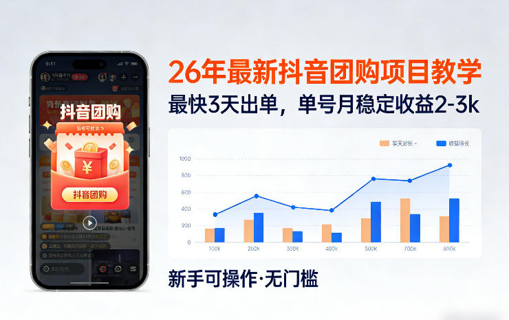 26年最新抖音团购项目教学，0门槛，最快3天出单，单号月稳定收益2-3k（更新3月19日）-优优云网创