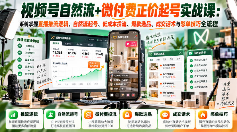 视频号自然流+微付费正价起号实战课：系统掌握直播推流逻辑、自然流起号、低成本投流、爆款选品、成交话术与憋单技巧全流程-优优云网创