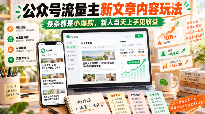 公众号流量主新文章内容玩法，条条都是小爆款，新人当天上手见收益-优优云网创