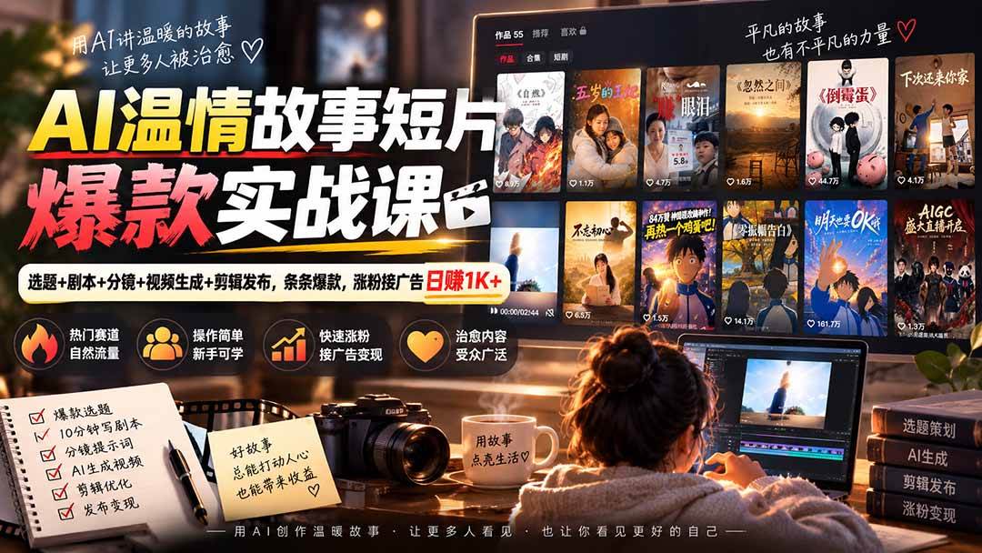 （20477期）AI温情故事短片爆款实战课-更新｜选题+剧本+分镜+视频生成+剪辑发布，条条爆款，涨粉接广告日赚1K+-优优云网创