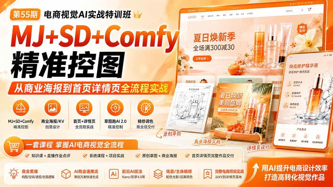 （20027期）电商视觉 AI实战训练营第55期：MJ+SD+Comfy精准控图，从商业海报到首页详情页全流程实战-优优云网创