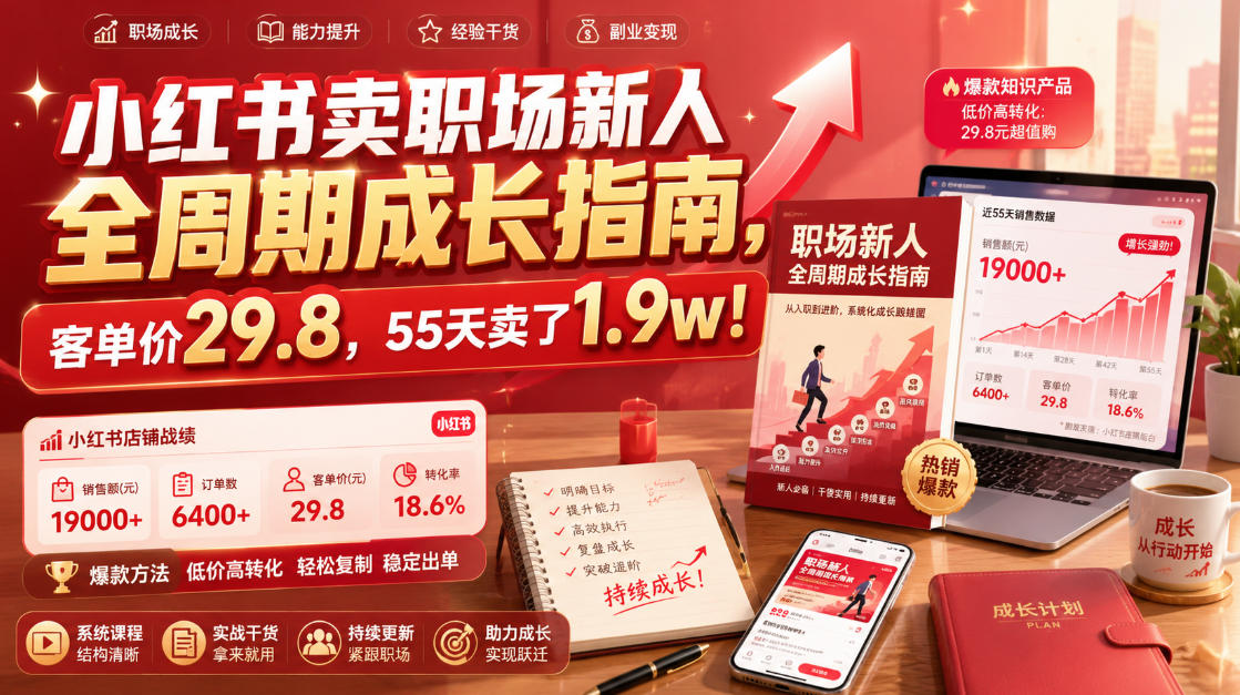 小红书卖职场新人全周期成长指南,客单价29.8,55天卖了1.9w!-优优云网创