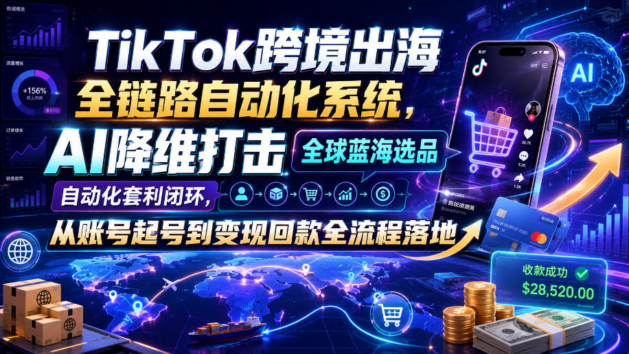 TikTok跨境出海全链路自动化系统,AI降维打击全球蓝海选品自动化套利闭环,从账号起号到变现回款全流程落地(2026年7月)-优优云网创