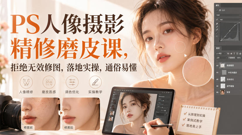 PS人像摄影精修磨皮课，拒绝无效修图，落地实操，通俗易懂-优优云网创