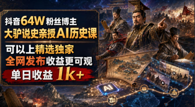 抖音64W粉丝博主大驴说史亲授AI历史课，可以上精选独家，全网发布收益更可观，单日收益1k+（更新）-优优云网创