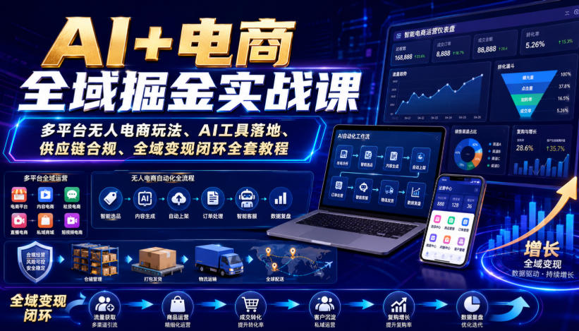 AI+电商全域掘金实战课｜多平台无人电商玩法、AI工具落地、供应链合规、全域变现闭环全套教程-优优云网创