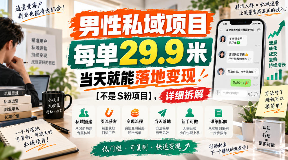男性私域项目，每单29.9米，当天就能落地变现【不是S粉项目】，详细拆解-优优云网创