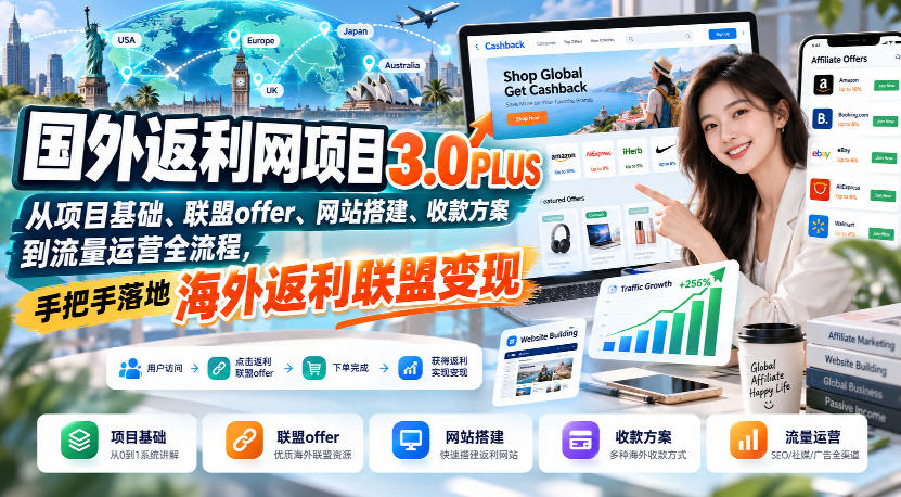 国外返利网项目3.0PLUS，从项目基础、联盟offer、网站搭建、收款方案到流量运营全流程，手把手落地海外返利联盟变现-优优云网创