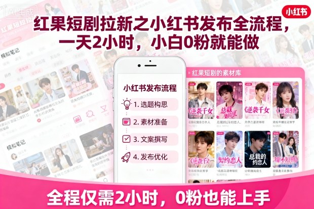 红果短剧拉新之小红书发布全流程，一天2小时，小白0粉就能做-优优云网创