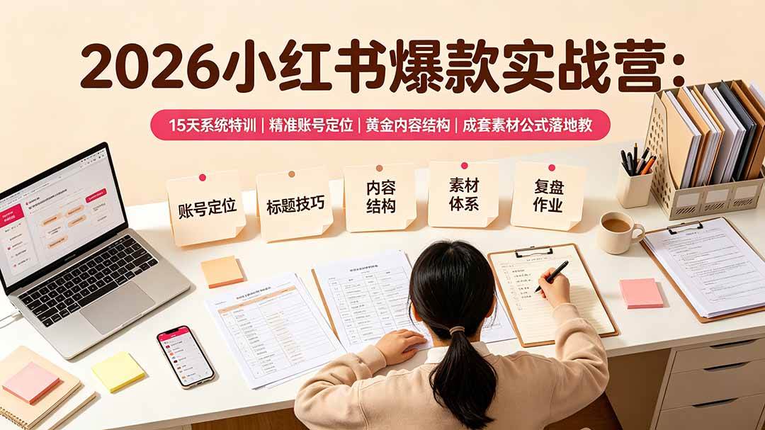 (19332期)2026小红书爆款实战营:15天系统特训|精准账号定位|黄金内容结构|成套素材公式落地教程-优优云网创