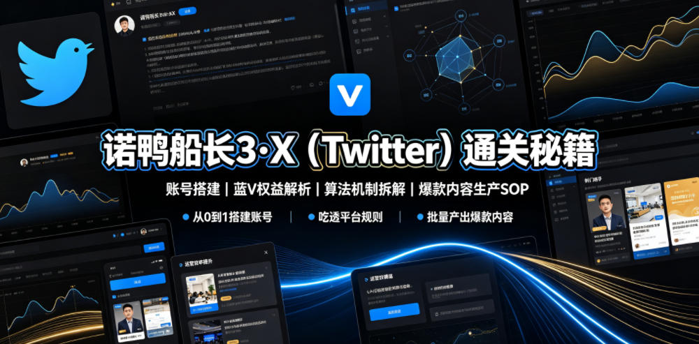 诺鸭船长3·X（Twitter）通关秘籍，涵盖账号搭建、蓝V权益解析、算法机制拆解及爆款内容生产SOP-优优云网创