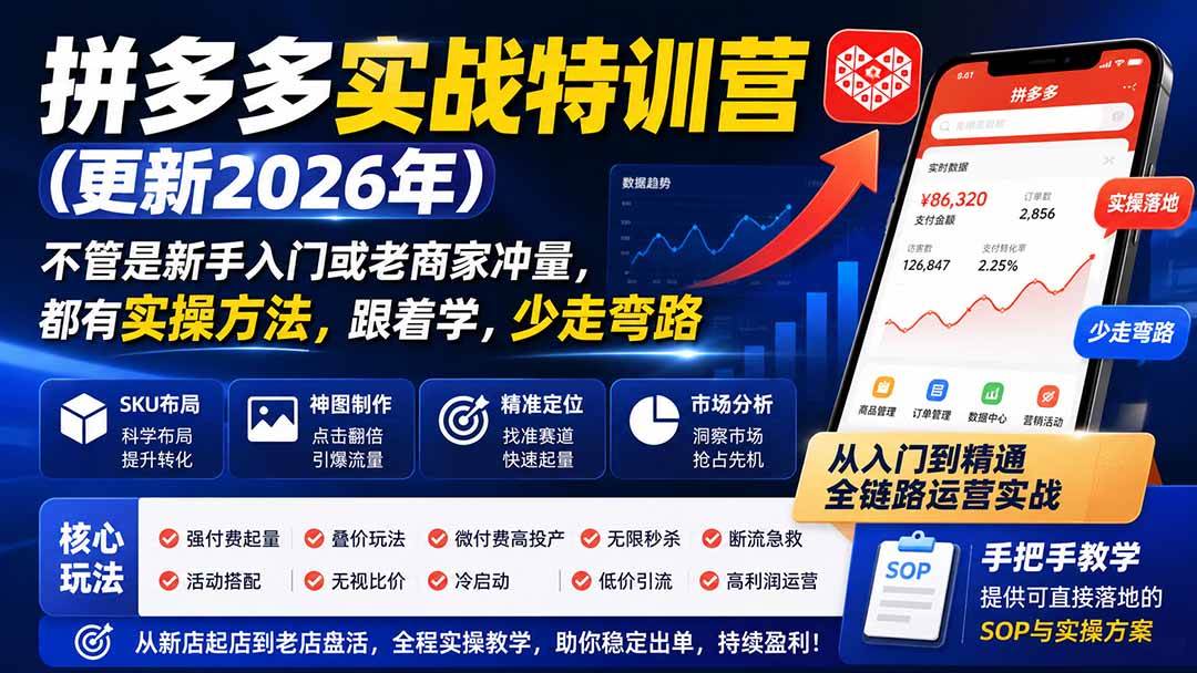 (19842期)拼多多实战特训营(更新2026年):不管是新手入门或老商家冲量,都有实操方法,跟着学,少走弯路 (19842期)拼多多实战特训营(更新2026年):不管是新手入门或老商家冲量,都有实操方法,跟着学,少走弯路