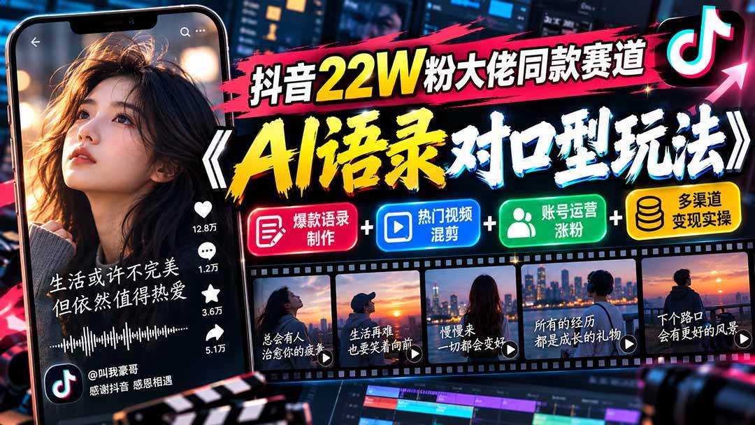 （20990期）抖音22W粉大佬同款赛道《AI语录对口型玩法》：爆款语录制作+热门视频混剪+账号运营涨粉+多渠道变现实操-优优云网创