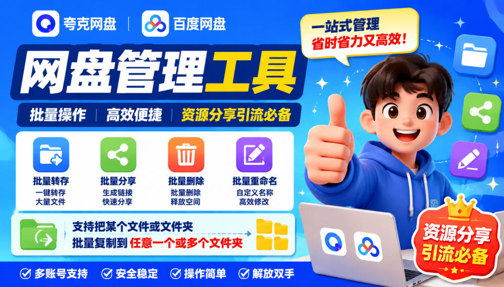 夸克网盘批量文件重命名，批量转存、批量分享、批量复制，内置AI功能-优优云网创