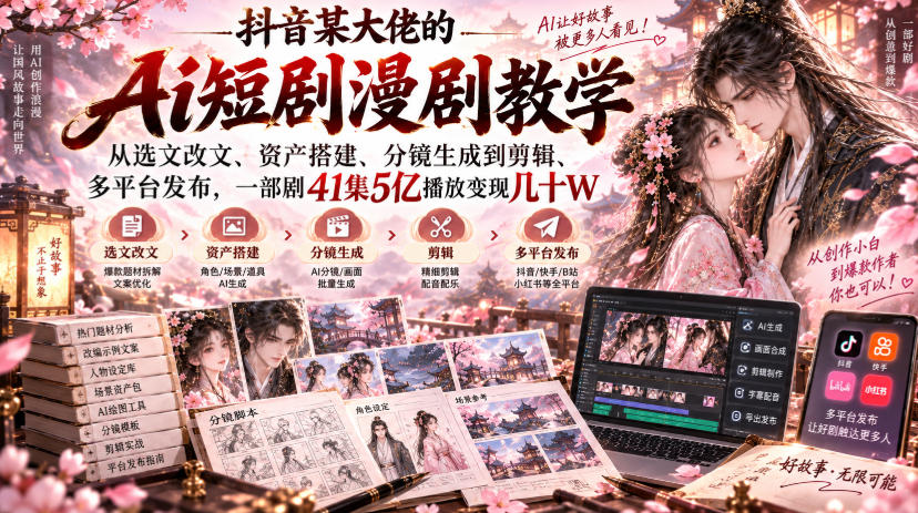 抖音某大佬的Ai短剧漫剧教学，从选文改文、资产搭建、分镜生成到剪辑、多平台发布，一部剧41集5亿播放变现几十W-优优云网创