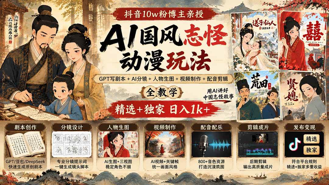 （20538期）抖音10w粉博主亲授AI国风志怪动漫玩法｜GPT写剧本+AI分镜+人物生图+视频制作+配音剪辑全教学｜精选+独家日入1k+-优优云网创