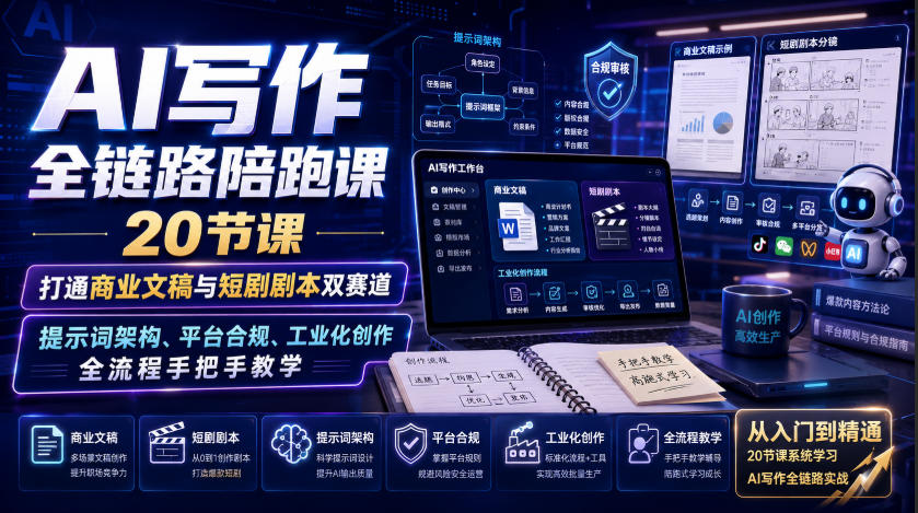 AI写作全链路陪跑课｜20节课打通商业文稿与短剧剧本双赛道，提示词架构、平台合规、工业化创作全流程手把手教学-优优云网创