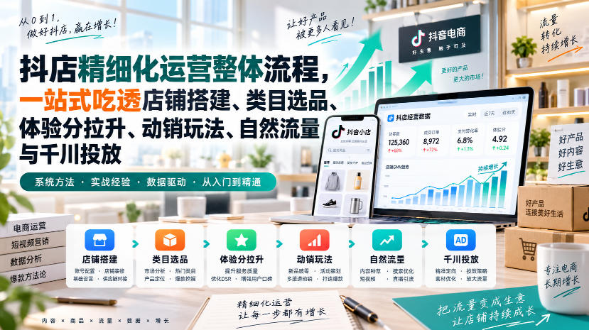 李哥电商-抖店精细化运营整体流程，一站式吃透店铺搭建、类目选品、体验分拉升、动销玩法、自然流量与千川投放-优优云网创