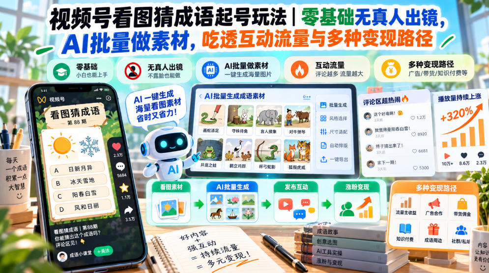 视频号看图猜成语起号玩法｜零基础无真人出镜，AI批量做素材，吃透互动流量与多种变现路径-优优云网创
