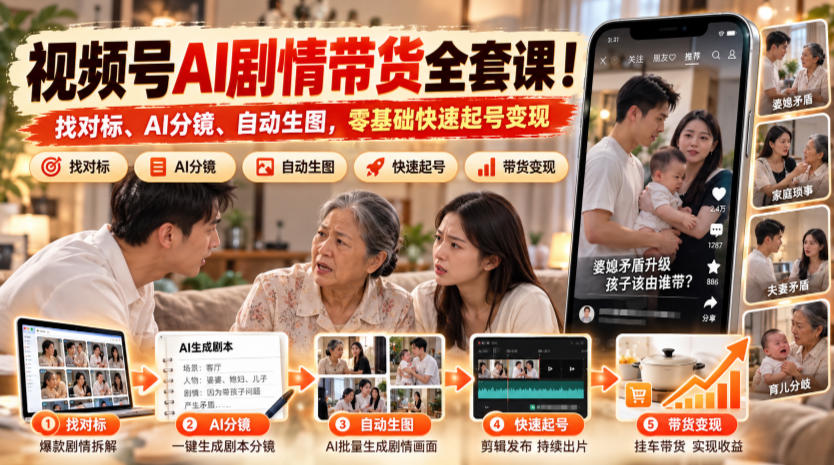 视频号AI剧情带货全套课！找对标、AI分镜、自动生图，零基础快速起号变现-优优云网创