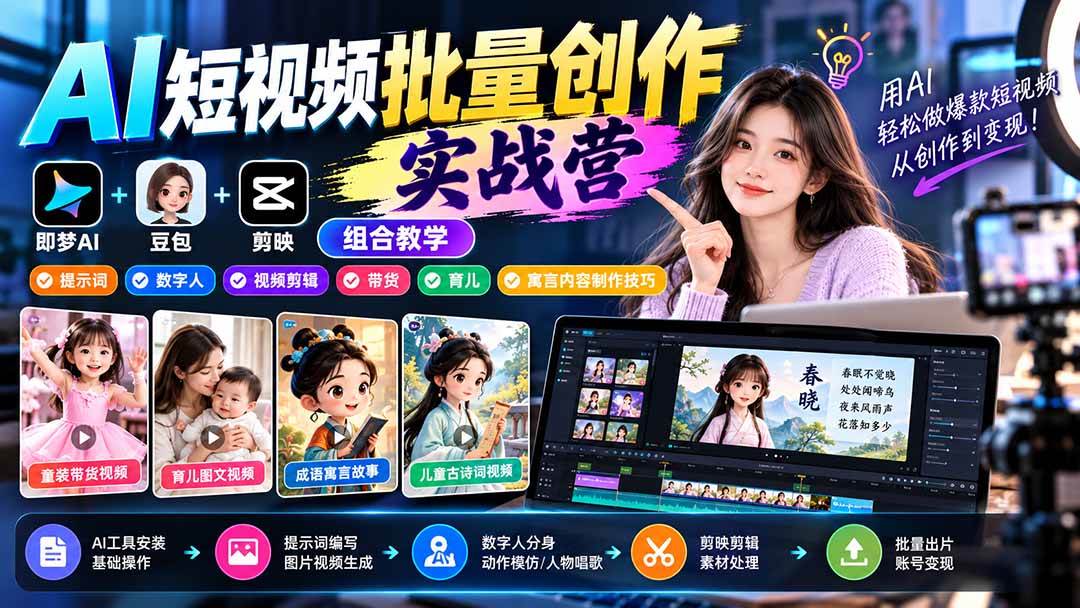 （21039期）【无水印】AI短视频批量创作实战营：即梦+豆包+剪映组合教学，提示词/数字人/视频剪辑/带货/育儿/寓言内容制作技巧-优优云网创