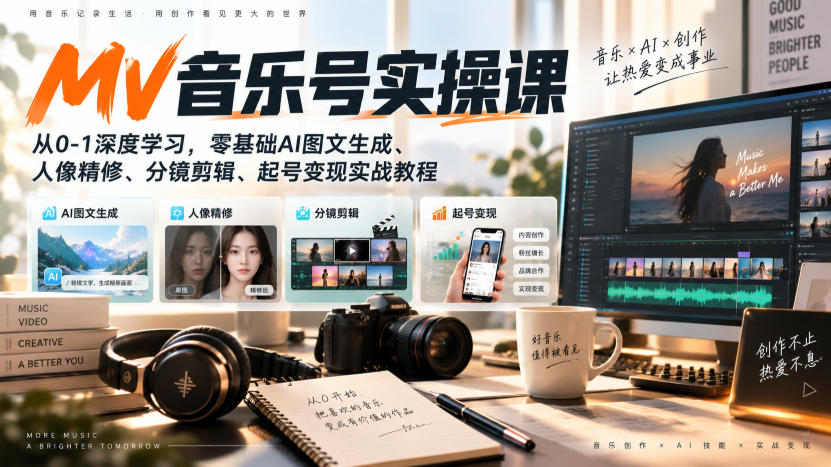AI MV音乐号实操课，从0-1深度学习，零基础AI图文生成、人像精修、分镜剪辑、起号变现实战教程-优优云网创