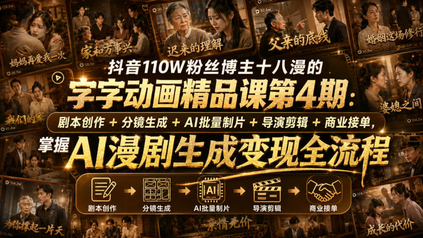 抖音110W粉丝博主十八漫的字字动画精品课第4期：剧本创作+分镜生成+剪辑+商业接单，掌握AI漫剧生成变现全流程（更新0916）-优优云网创
