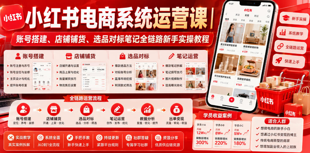 小红书电商系统运营课｜账号搭建、店铺铺货、选品对标笔记全链路新手实操教程-优优云网创
