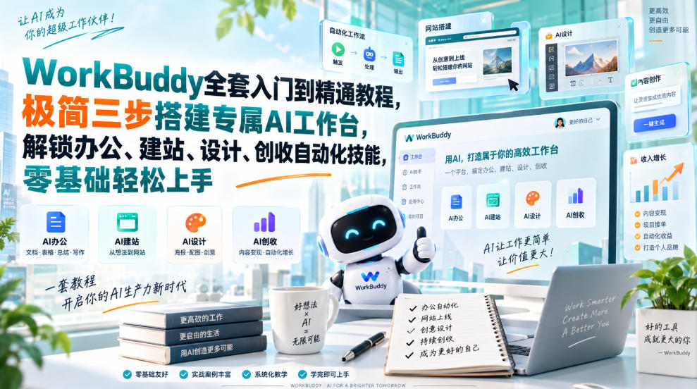 WorkBuddy全套入门到精通教程，极简三步搭建专属AI工作台，解锁办公、建站、设计、创收自动化技能，零基础轻松上手-优优云网创