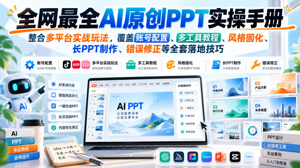 全网最全AI原创PPT实操手册，整合多平台实战玩法，覆盖账号配置、多工具教程、风格固化、长PPT制作、错误修正等全套落地技巧-优优云网创