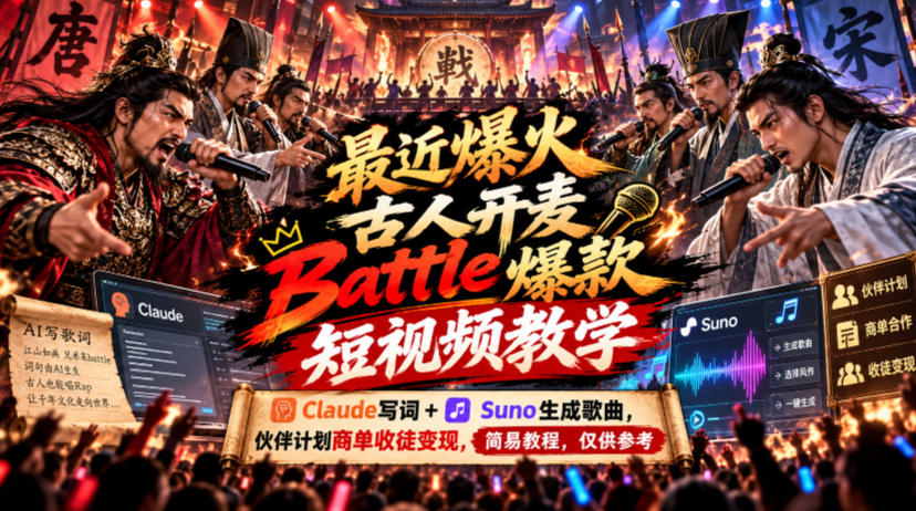 最近爆火古人开麦Battle爆款短视频教学，Claude写词+Suno生成歌曲，伙伴计划商单收徒变现，简易教程，仅供参考-优优云网创