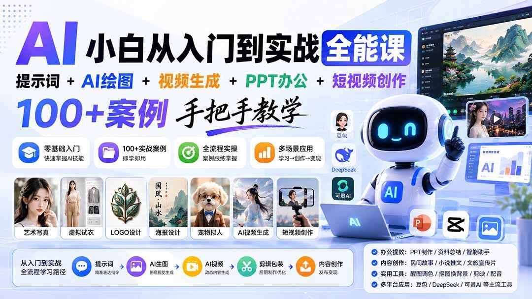 （20018期）AI小白从入门到实战全能课：提示词+AI绘图+视频生成+PPT办公+短视频创作，100+案例手把手教学-优优云网创