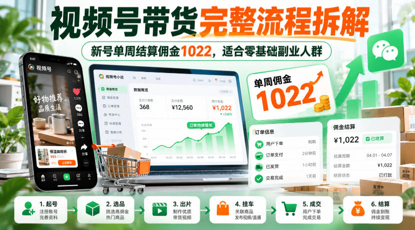 视频号带货完整流程拆解，新号单周结算佣金1022，适合零基础副业人群-优优云网创