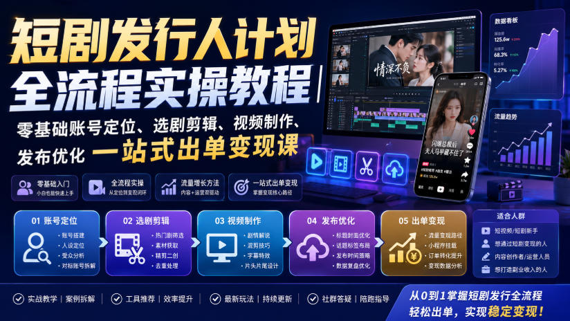 短剧发行人计划全流程实操教程｜零基础账号定位、选剧剪辑、视频制作、发布优化一站式出单变现课-优优云网创