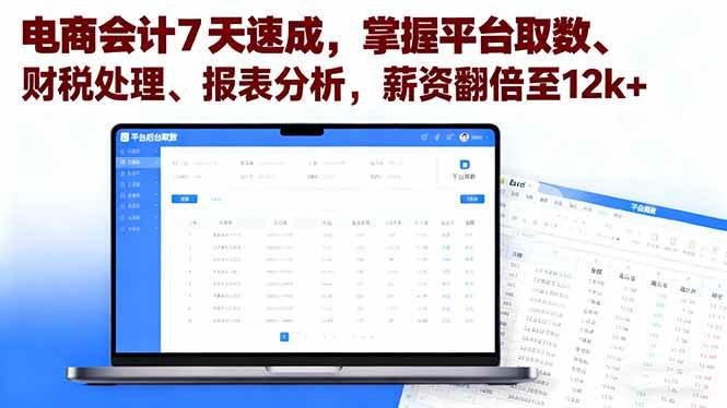 （16192期）电商会计7天速成，掌握平台取数、财税处理、报表分析，薪资翻倍至12k+-优优云网创