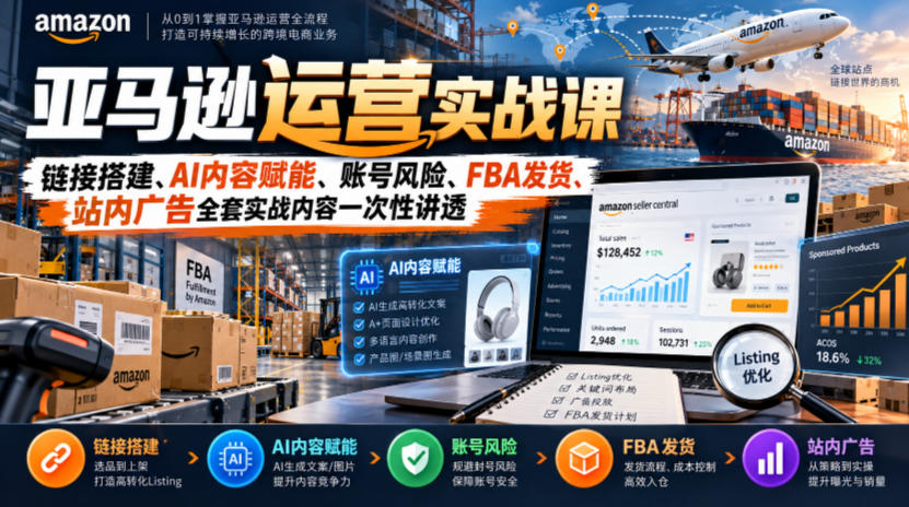 亚马逊运营实战课，链接搭建、AI内容赋能、账号风险、FBA发货、站内广告全套实战内容一次性讲透-优优云网创