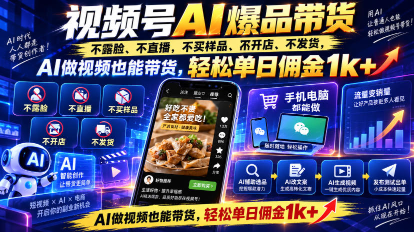 视频号Ai爆品带货，不露脸、不直播、不买样品、不开店、不发货，AI做视频也能带货，轻松单日佣金1k+-优优云网创