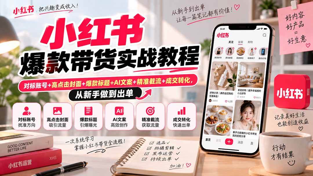 (20473期)小红书爆款带货实战教程|对标账号+高点击封面+爆款标题+AI文案+精准截流+成交转化,从新手做到出单-优优云网创