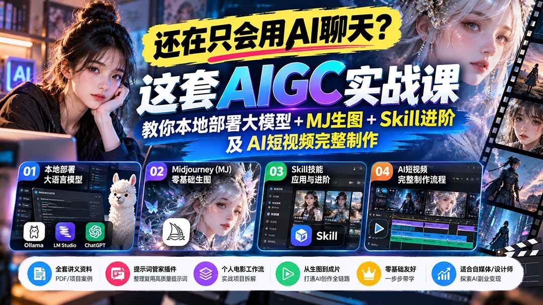 （21135期）【无水印】还在只会用AI聊天？这套AIGC实战课教你本地部署大模型+MJ生图+Skill进阶及AI短视频完整制作-优优云网创