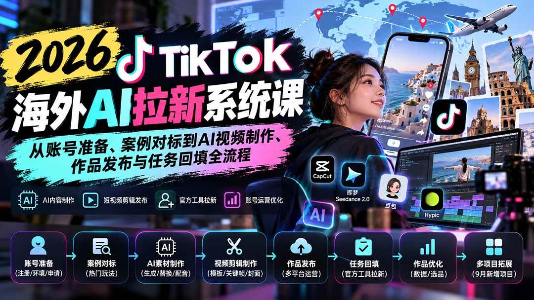 (20675期)【无水印】2026 TikTok海外AI拉新系统课:从账号准备、案例对标到AI视频制作、作品发布与任务回填全流程 (20675期)【无水印】2026 TikTok海外AI拉新系统课:从账号准备、案例对标到AI视频制作、作品发布与任务回填全流程