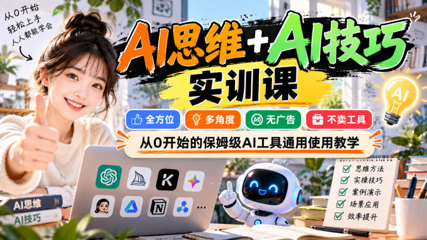 AI思维+AI技巧实训课，全方位、多角度、无广告、不卖工具，从0开始的保姆级AI工具通用使用教学-优优云网创