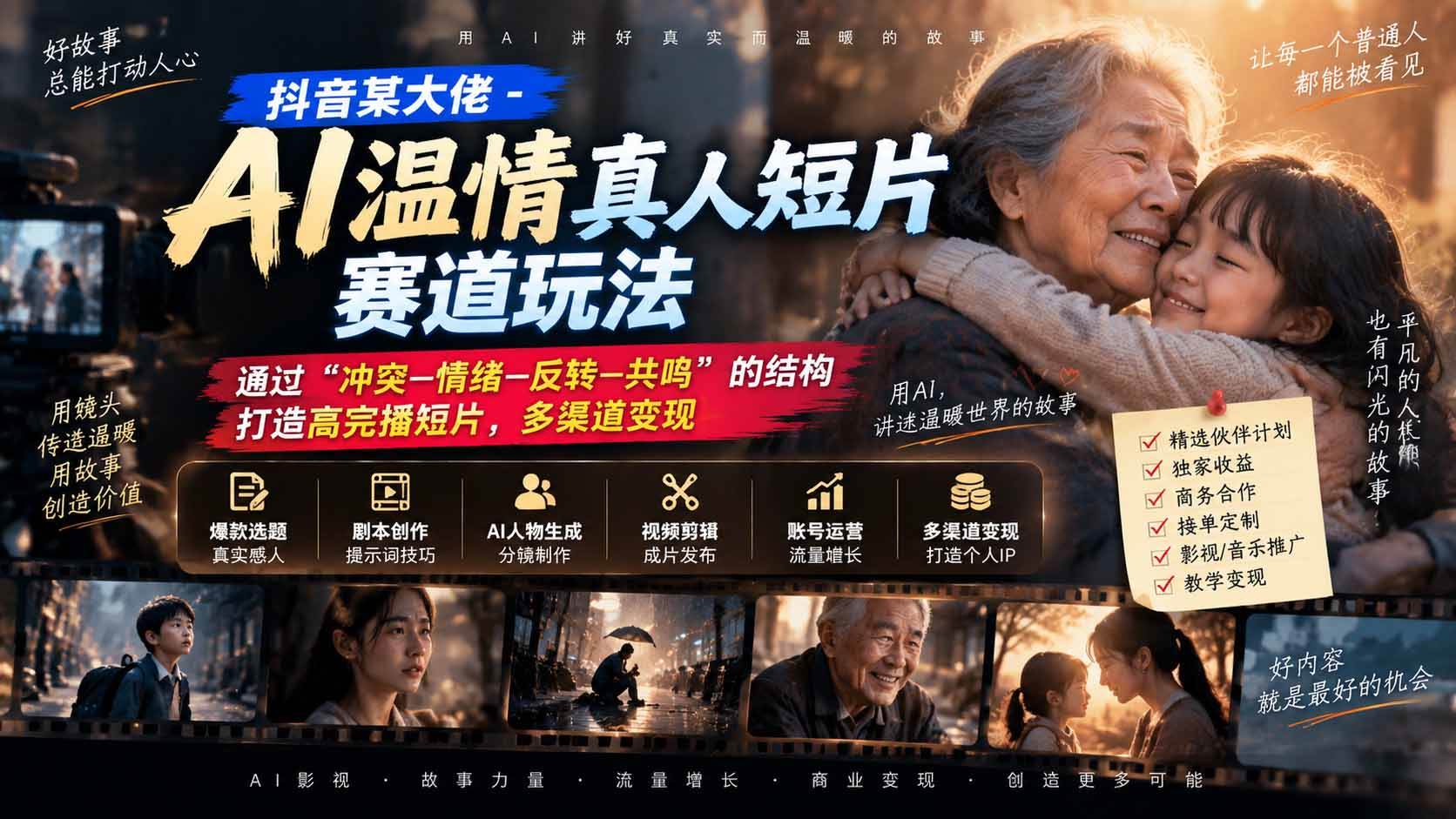 （20538期）抖音某大佬-AI温情真人短片赛道玩法：通过“冲突—情绪—反转—共鸣”的结构打造高完播短片，多渠道变现-优优云网创